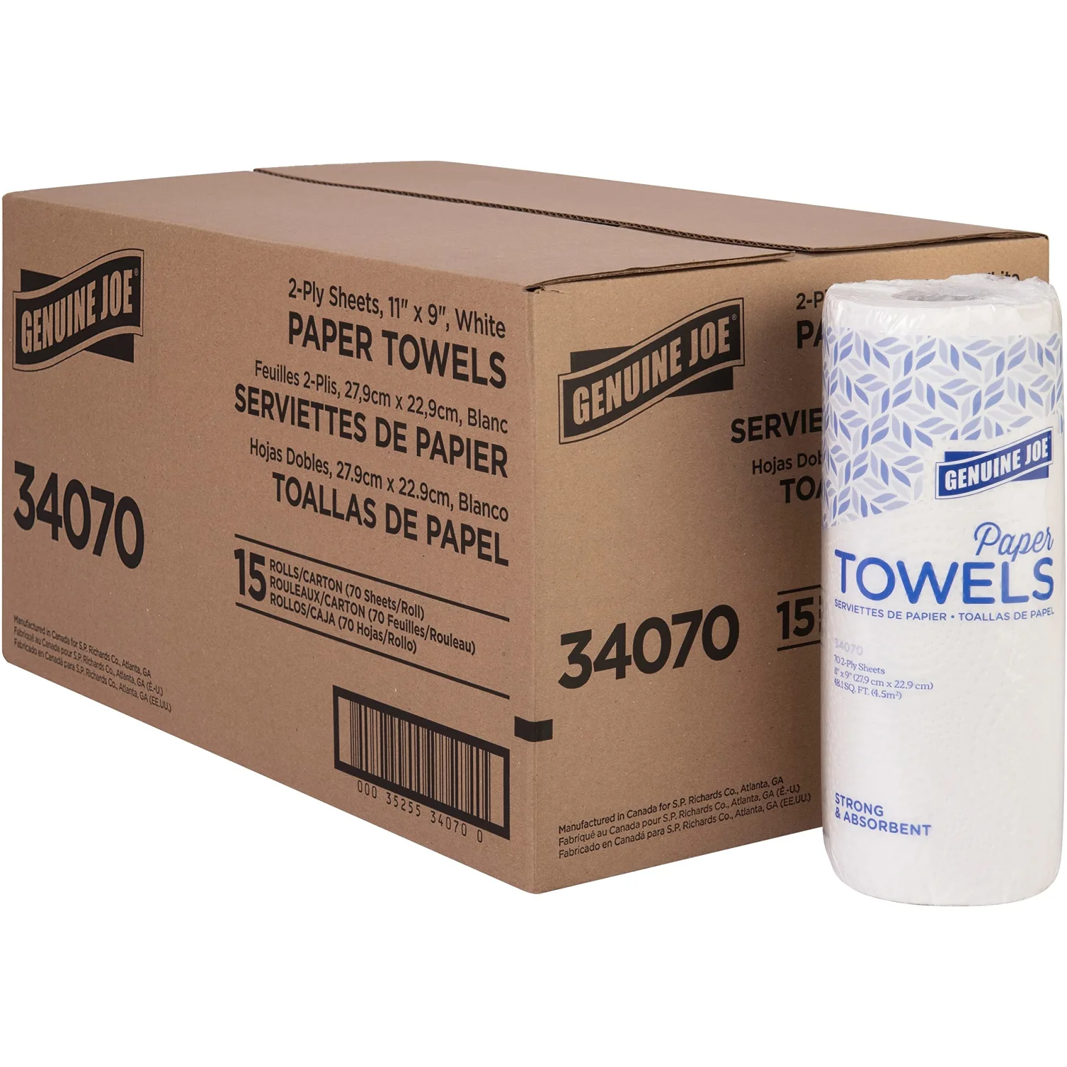 Genuine Joe Household Paper Towels, 2-Ply, 11" x 9", 70 Sheets/Roll, 15 Count