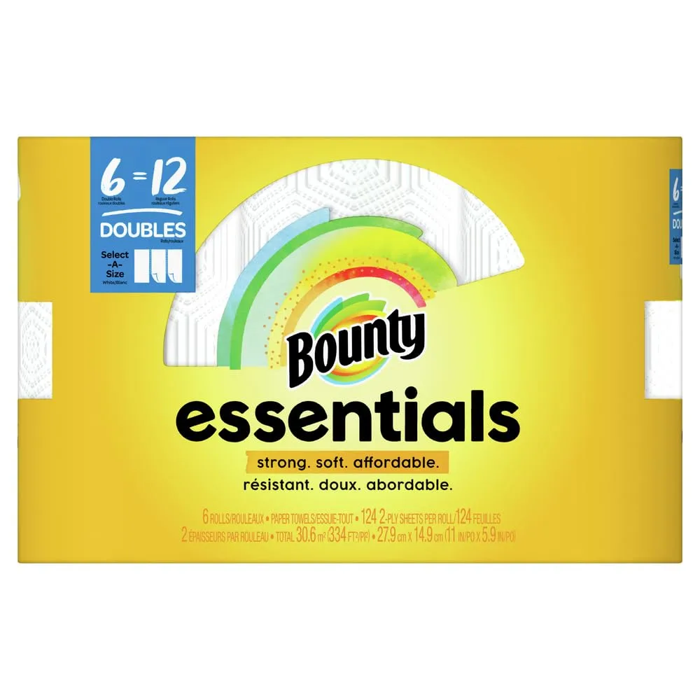 Bounty Essentials Select-A-Size Paper Towels, White, 6 Double Rolls = 12 Regular Rolls, 6 Count