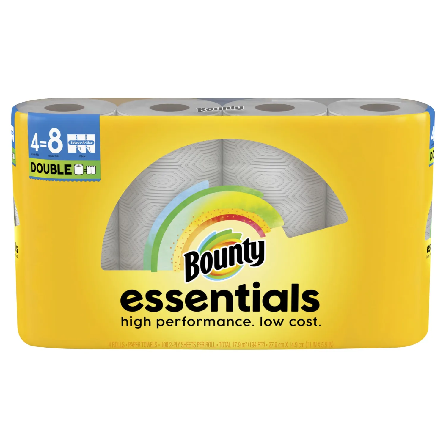Bounty Essentials Select-A-Size Paper Towels, 4 Double Rolls, White, 108 Sheets Per Roll