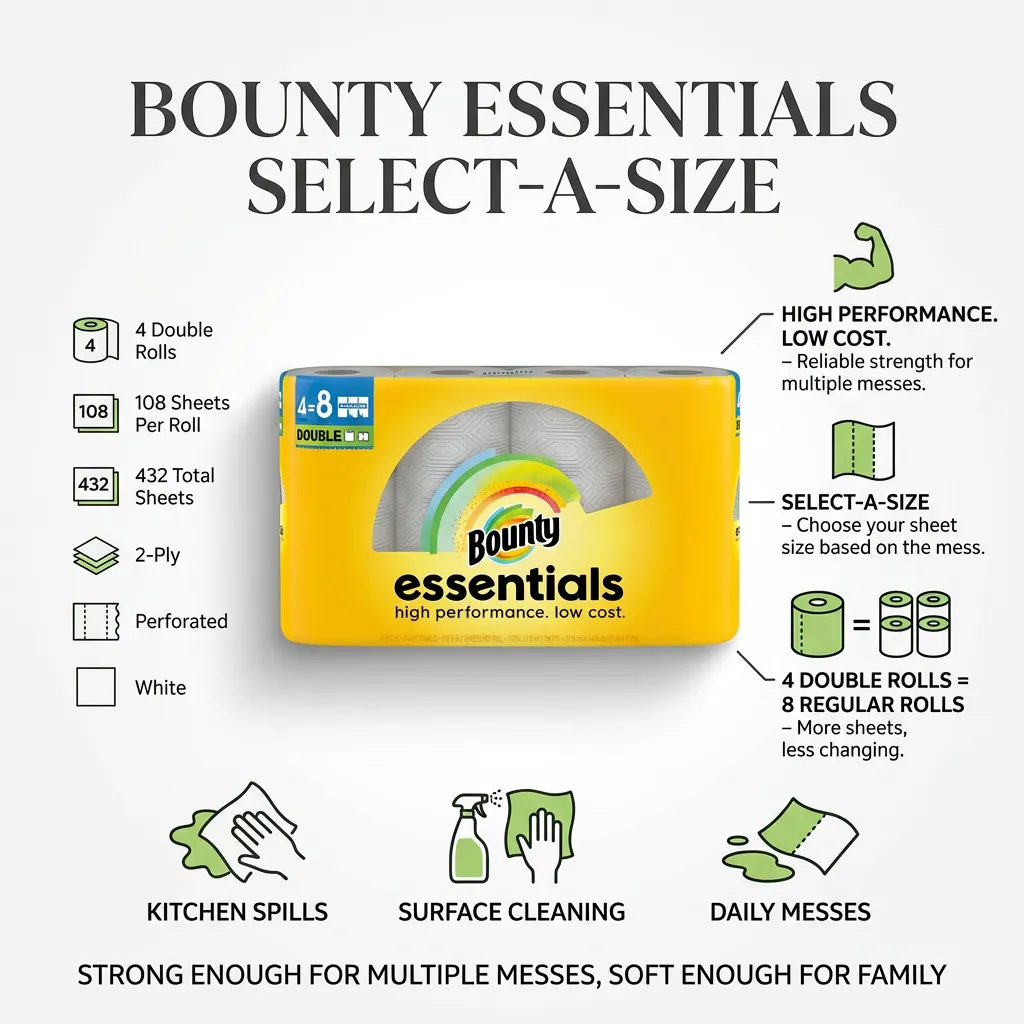 Bounty Essentials Select-A-Size Paper Towels, 4 Double Rolls, White, 108 Sheets Per Roll