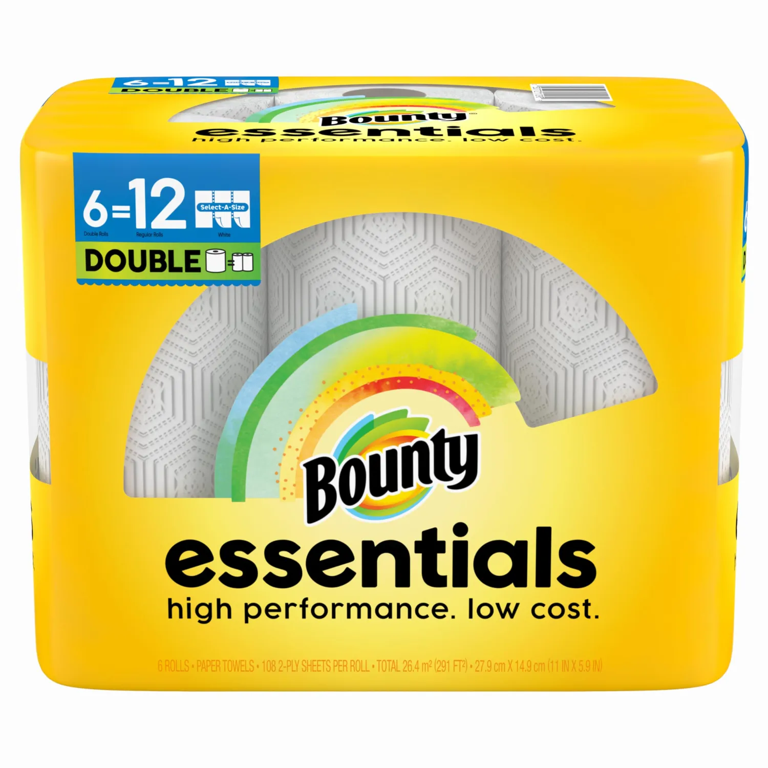 Bounty Essentials Select-A-Size Paper Towels, 6 Double Rolls, White, 108 Sheets Per Roll