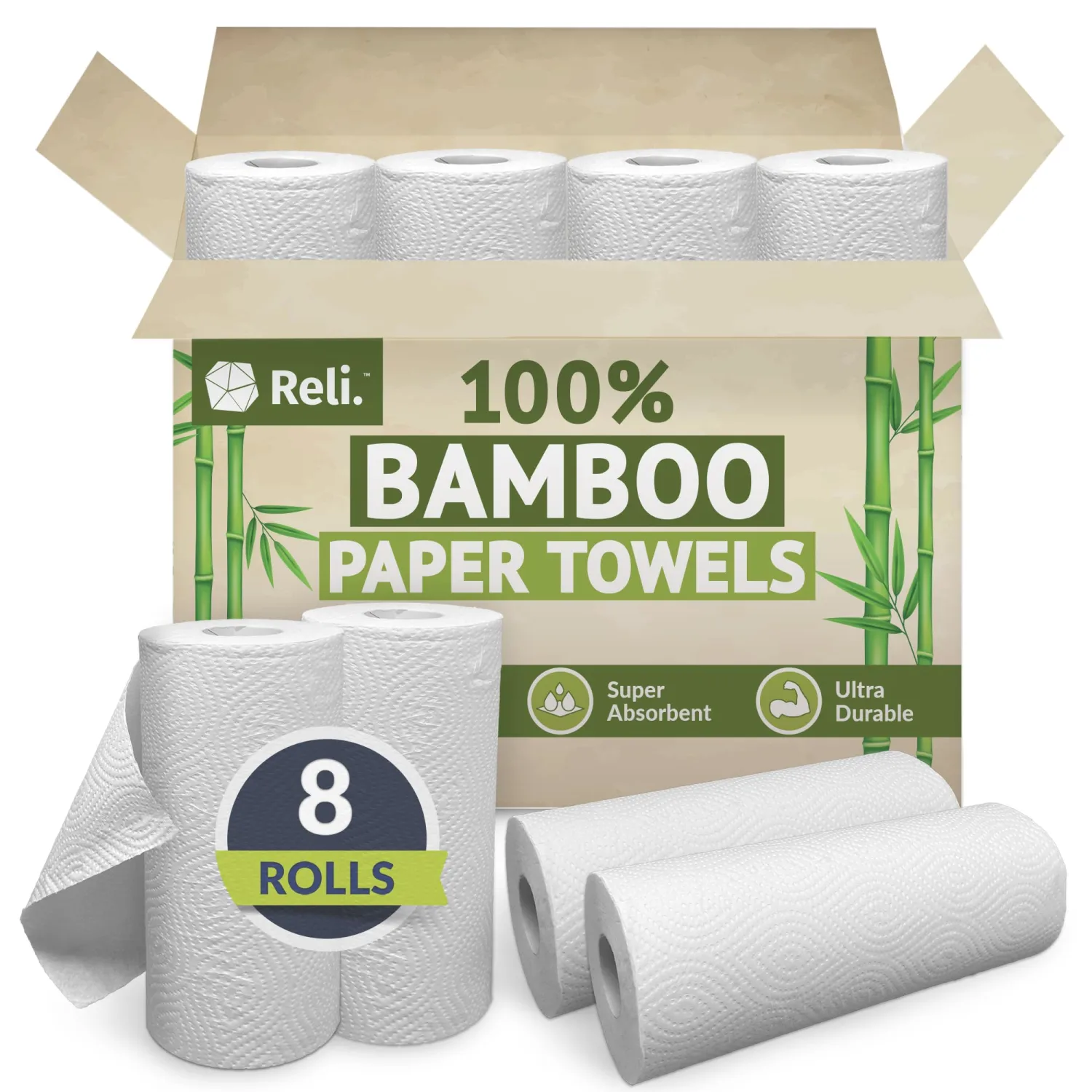 Reli. Bamboo Paper Towels (8 Pack) | Paper Towels Rolls 2 Ply | 75 Sheets/Roll, Full Size Sheets | Unbleached, Organic Rolls for Kitchen, Bathroom | 100% Bamboo