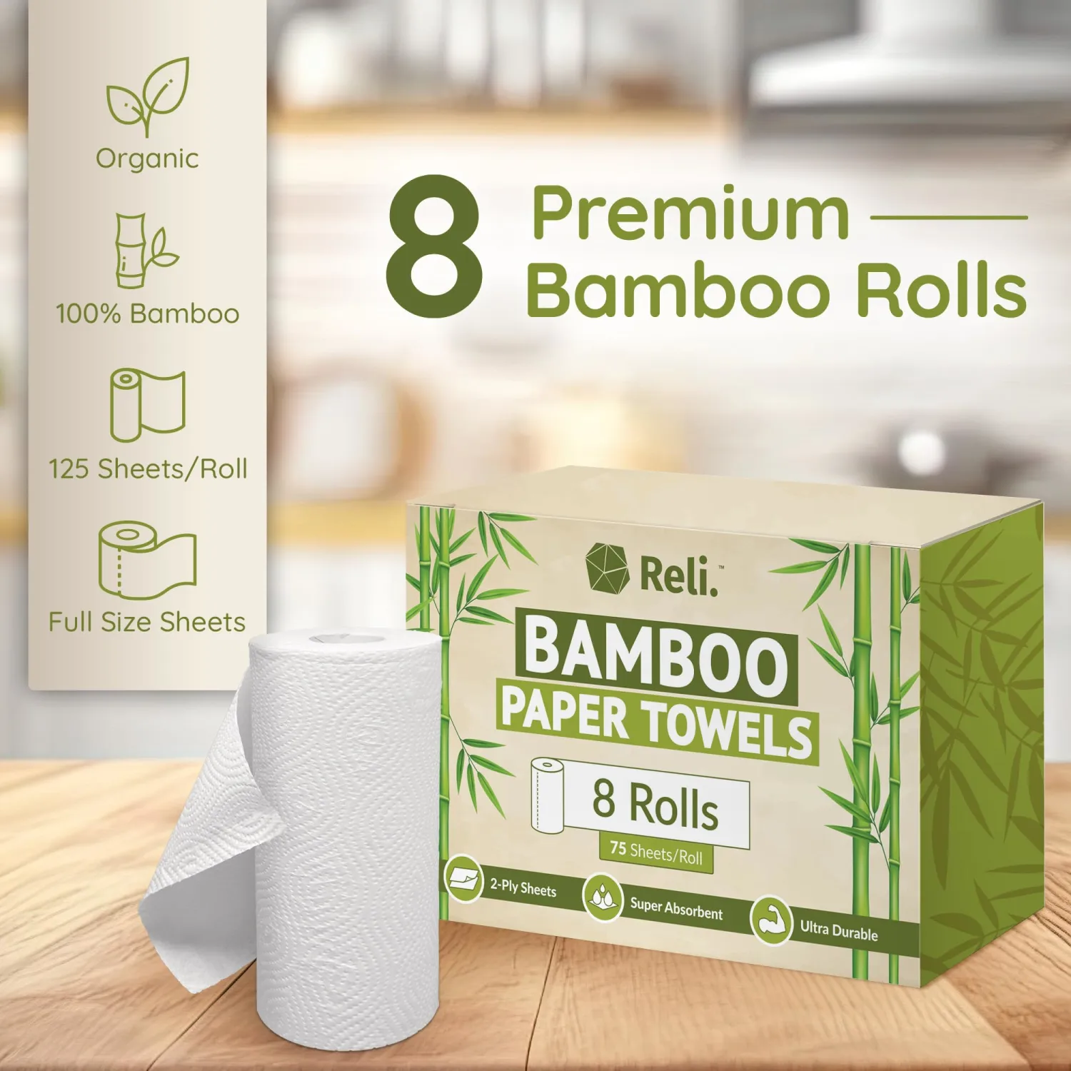 Reli. Bamboo Paper Towels (8 Pack) | Paper Towels Rolls 2 Ply | 75 Sheets/Roll, Full Size Sheets | Unbleached, Organic Rolls for Kitchen, Bathroom | 100% Bamboo