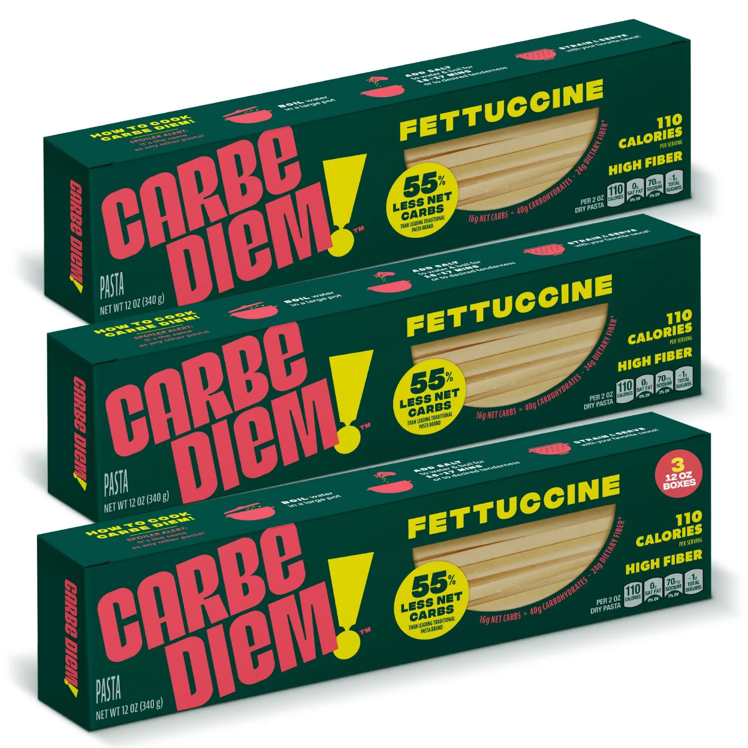 Carbe Diem!, Fettuccine, Lower Net Carb Pasta with Traditional Flavor & Texture, 55% Fewer Net Carbs & Only 110 Calories Per Serving, Pack of 3