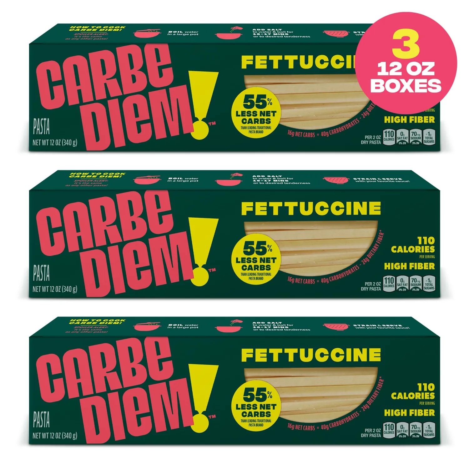 Carbe Diem!, Fettuccine, Lower Net Carb Pasta with Traditional Flavor & Texture, 55% Fewer Net Carbs & Only 110 Calories Per Serving, Pack of 3