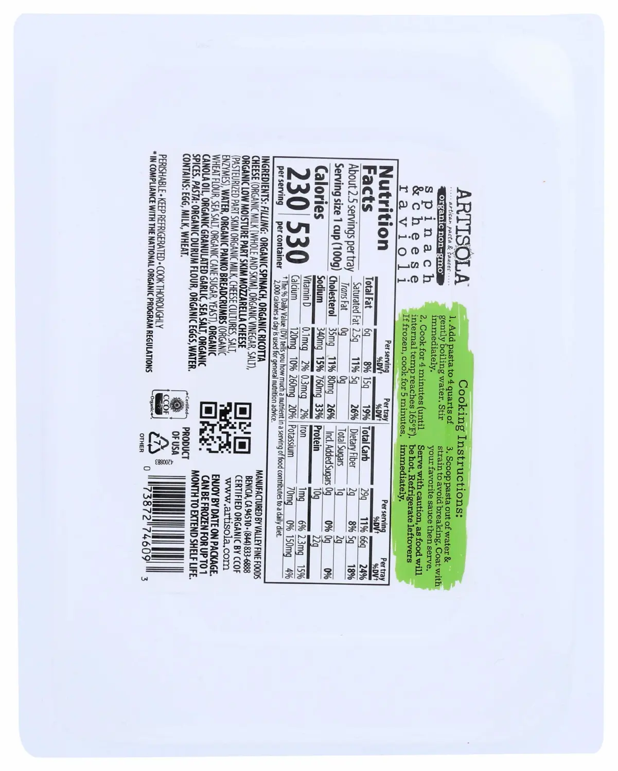 Artisola Pasta, Organic Spinach & Cheese Ravioli, 8 oz