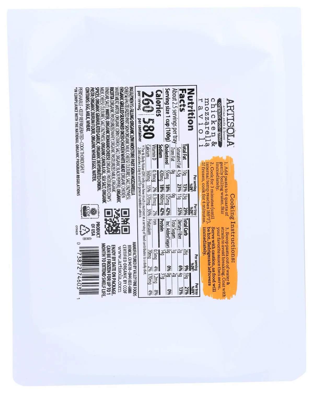 Artisola Pasta, Organic Chicken & Mozzarella Ravioli, 8 oz
