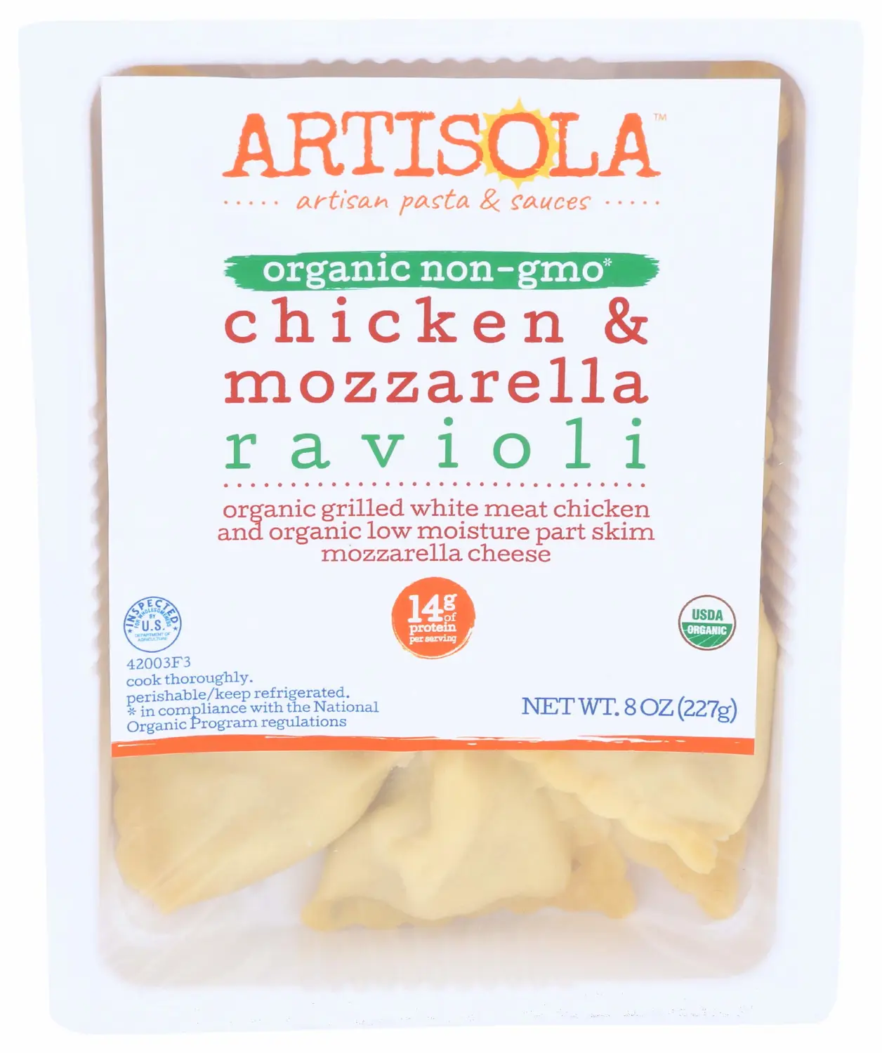 Artisola Pasta, Organic Chicken & Mozzarella Ravioli, 8 oz