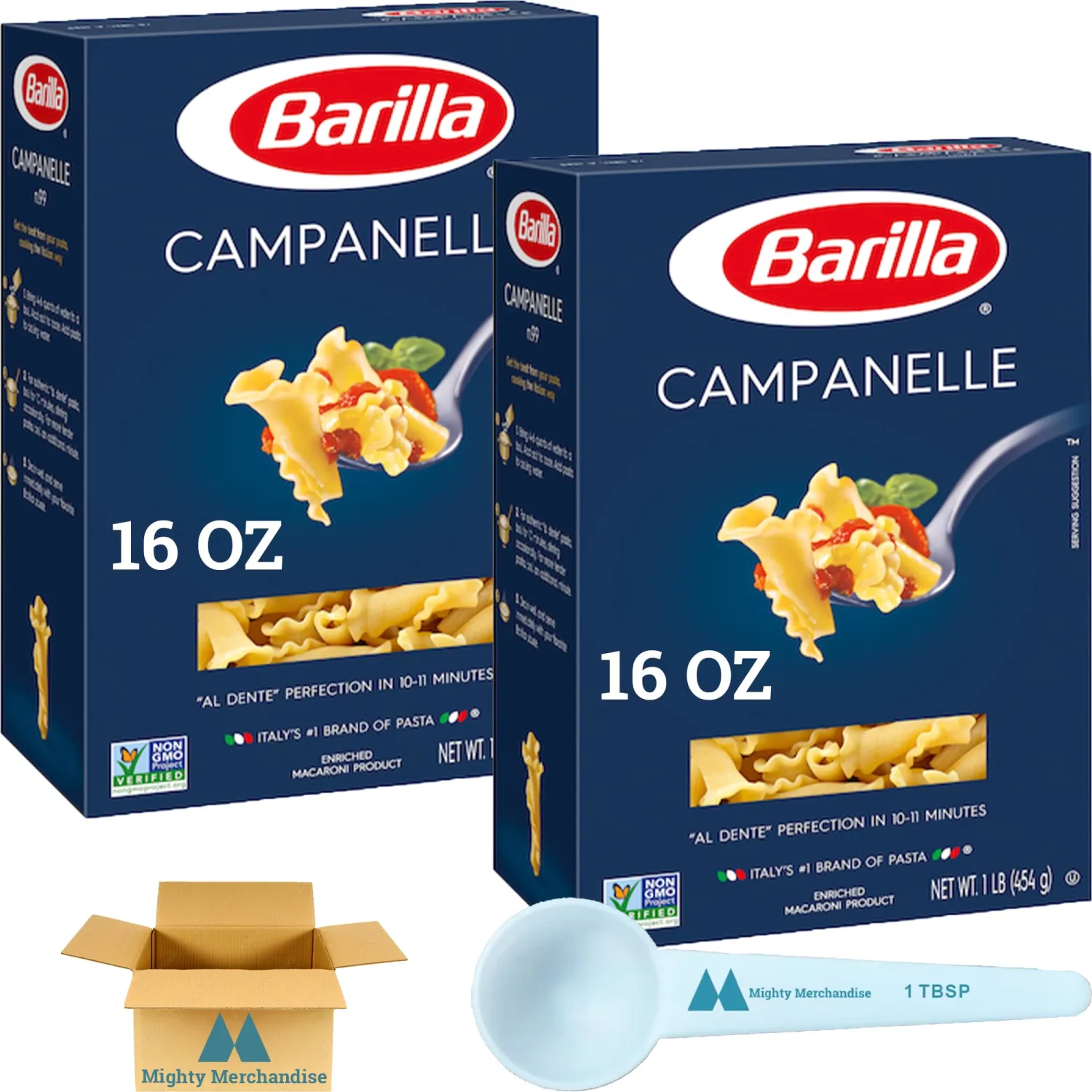 Barilla Campanelle Pasta - 16 oz Boxes (Pack of 2) - With Mighty Merchandise Measuring Spoon
