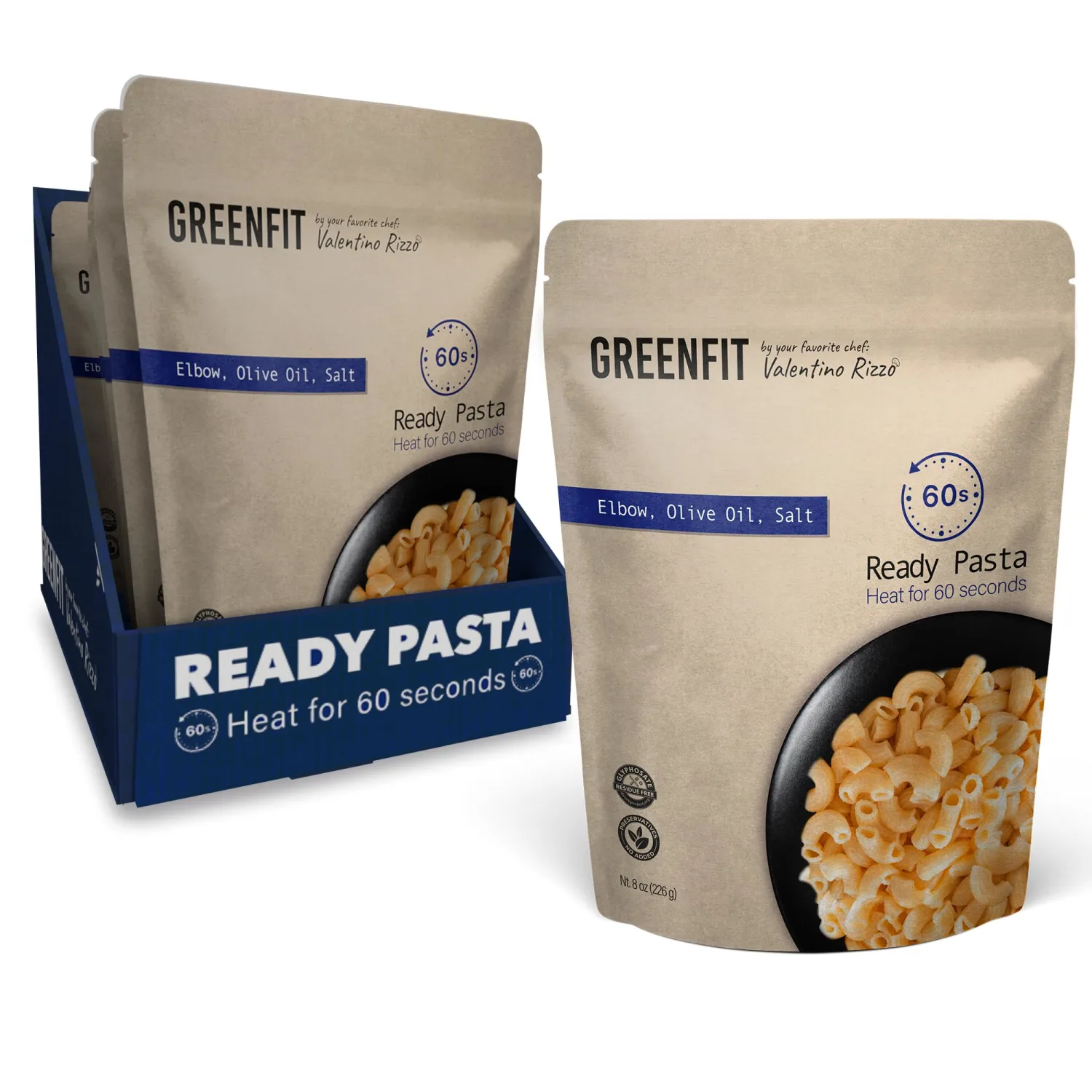 PREMIUM READY TO EAT PASTA | Simple, Clean ingredients | Microwavable | Elbow Shape | Greenfit By Chef Valentino Rizzo | Glyphosate Free | (8 Ounce - Pack of 6)