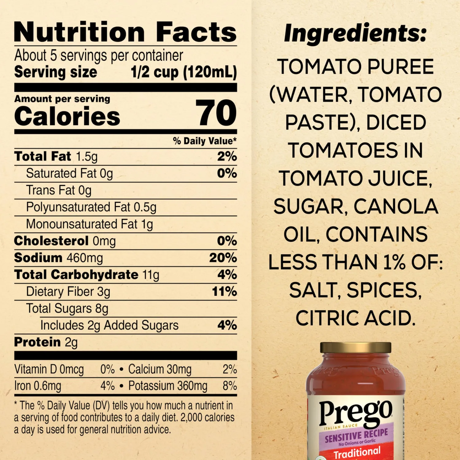 Prego Traditional Sensitive Recipe Low FODMAP Pasta Sauce, 23.75 Oz Jar