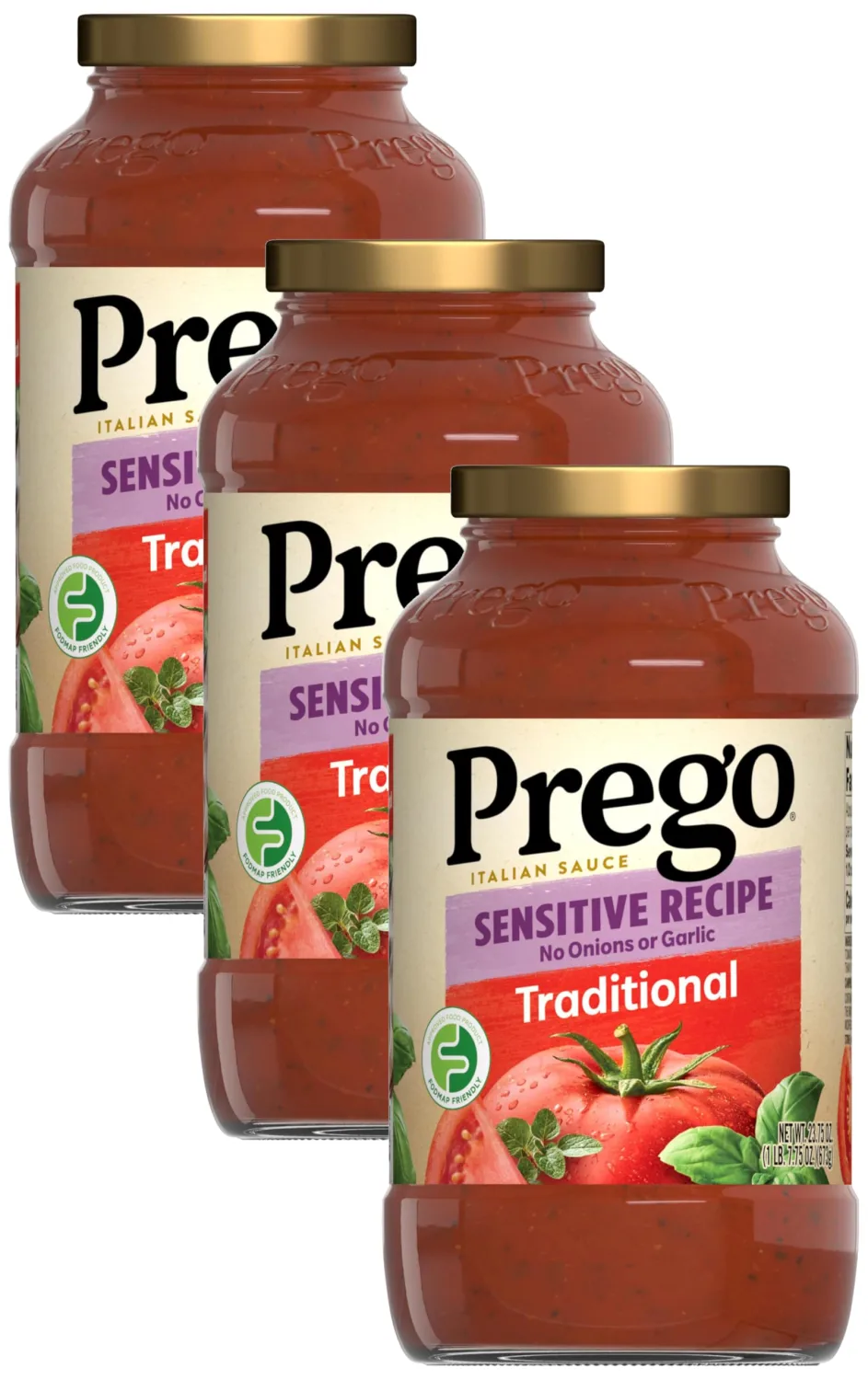 Prego Traditional Sensitive Recipe Low FODMAP Pasta Sauce, 23.75 Oz Jar (Pack of 3)
