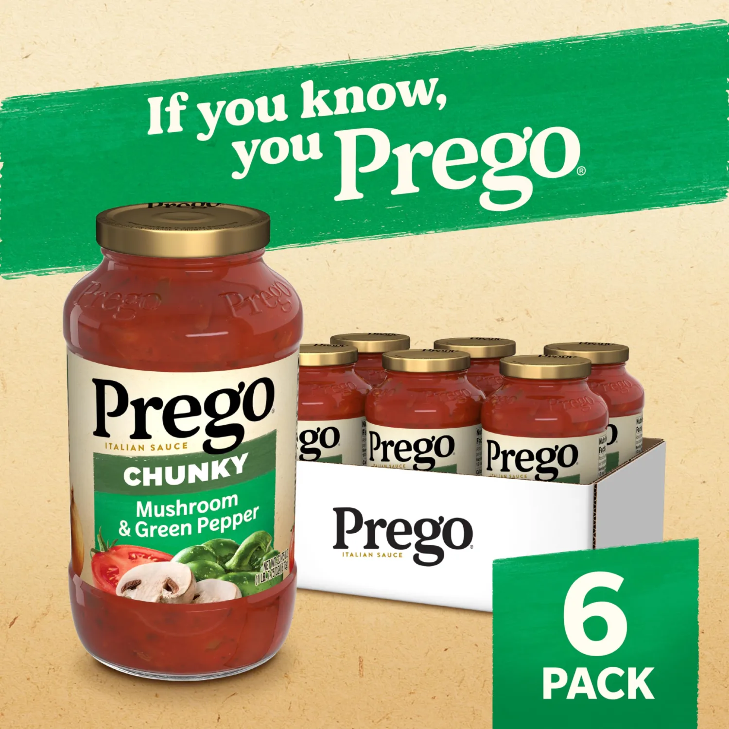 Prego Chunky Mushroom and Green Pepper Pasta Sauce, 23.75 Oz Jar (Case of 6)