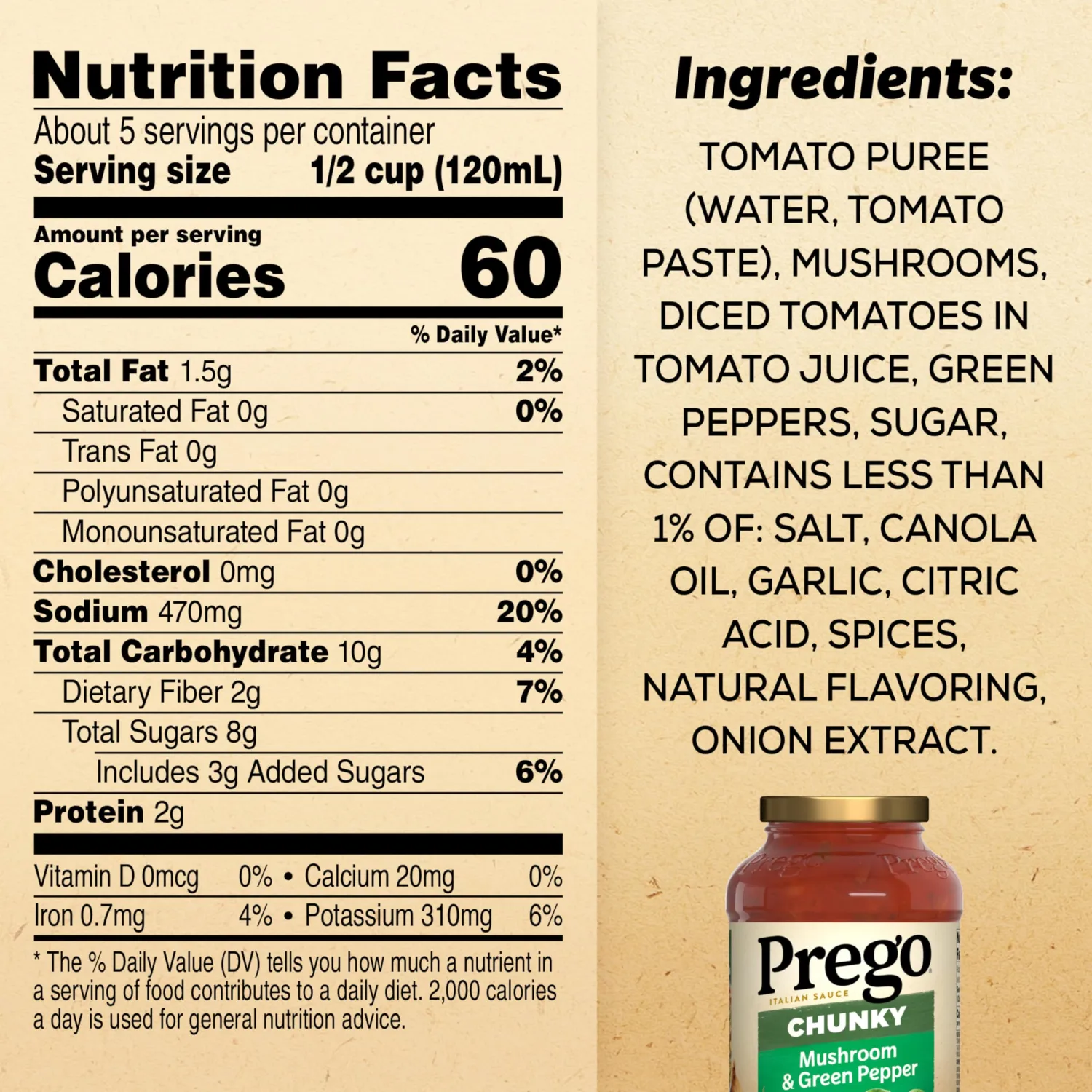 Prego Chunky Mushroom and Green Pepper Pasta Sauce, 23.75 Oz Jar (Case of 6)