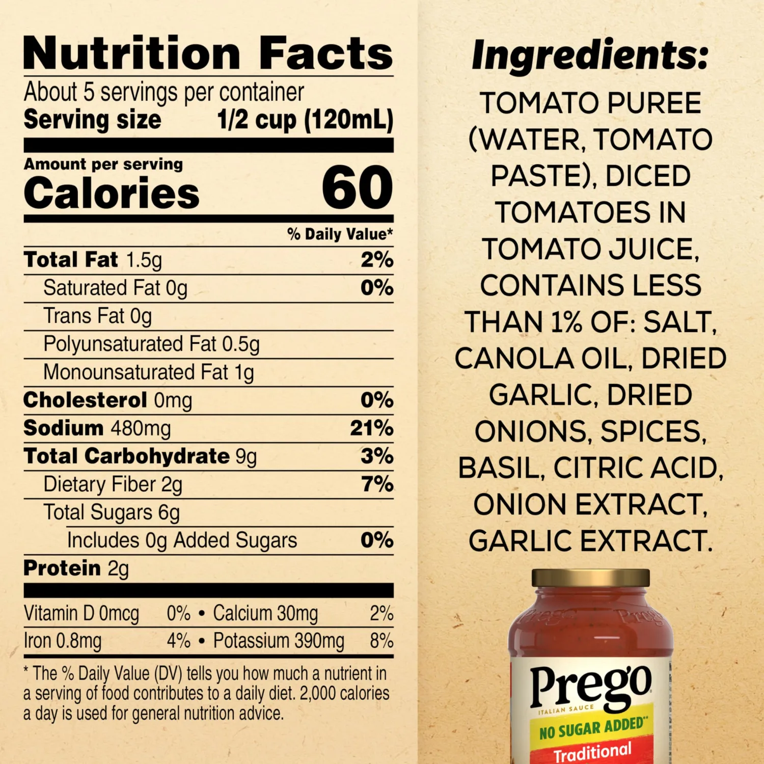 Prego Traditional No Sugar Added Pasta Sauce, 23.5 Oz Jar