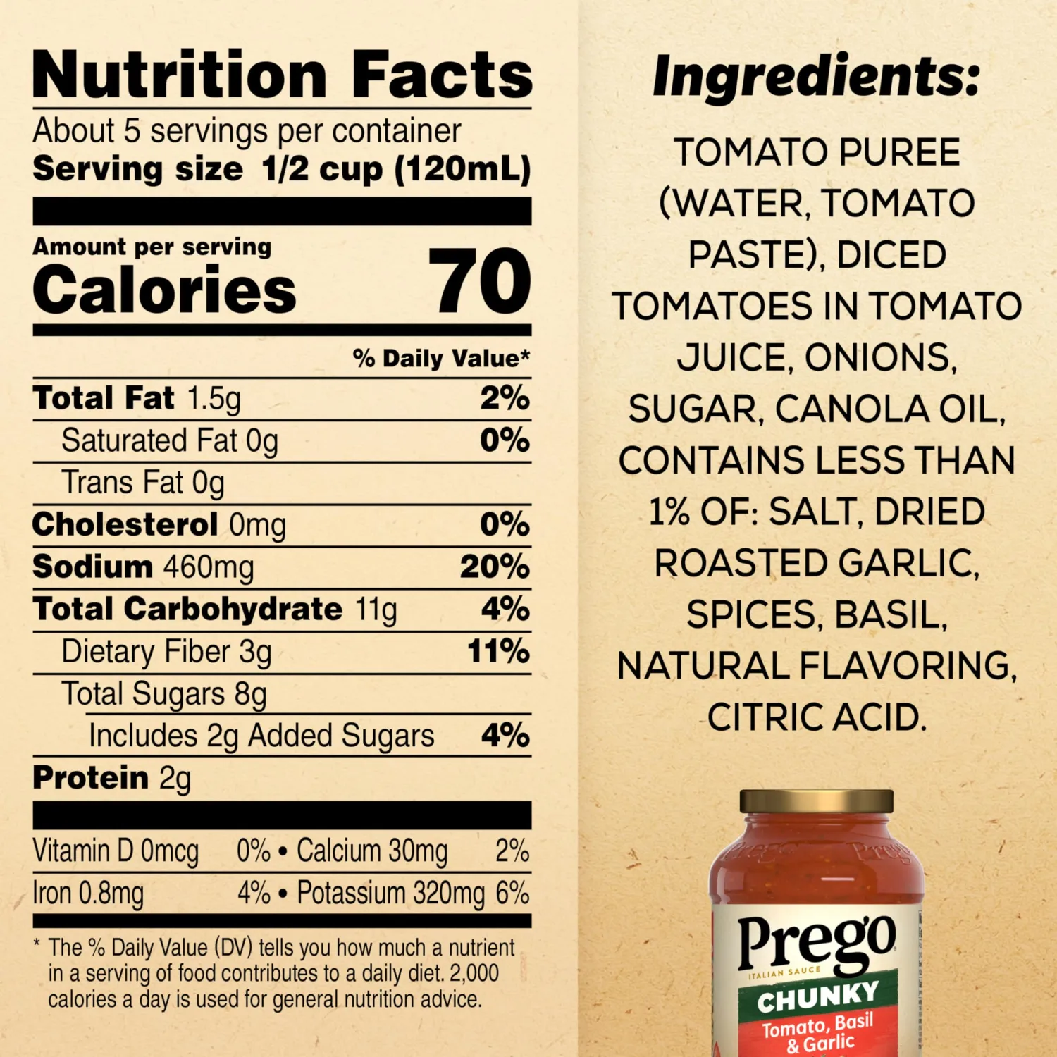 Prego Chunky Tomato, Basil and Garlic Pasta Sauce, 23.75 oz Jar