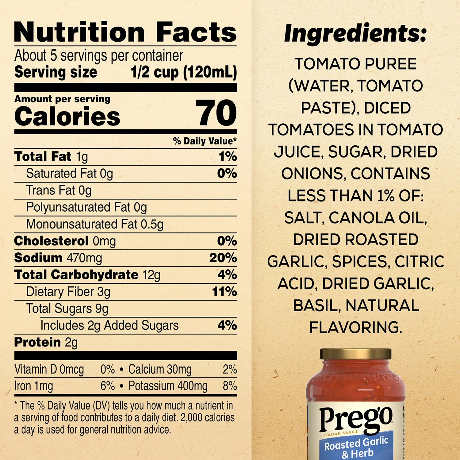 Prego Pasta Sauce, Italian Tomato Sauce with Roasted Garlic & Herbs, 24 oz Jar (Pack of 2)