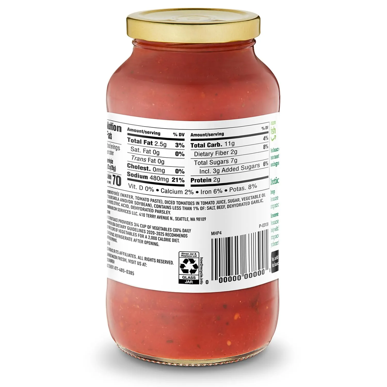 Amazon Fresh, Three Cheese Pasta Sauce, 24 Oz
