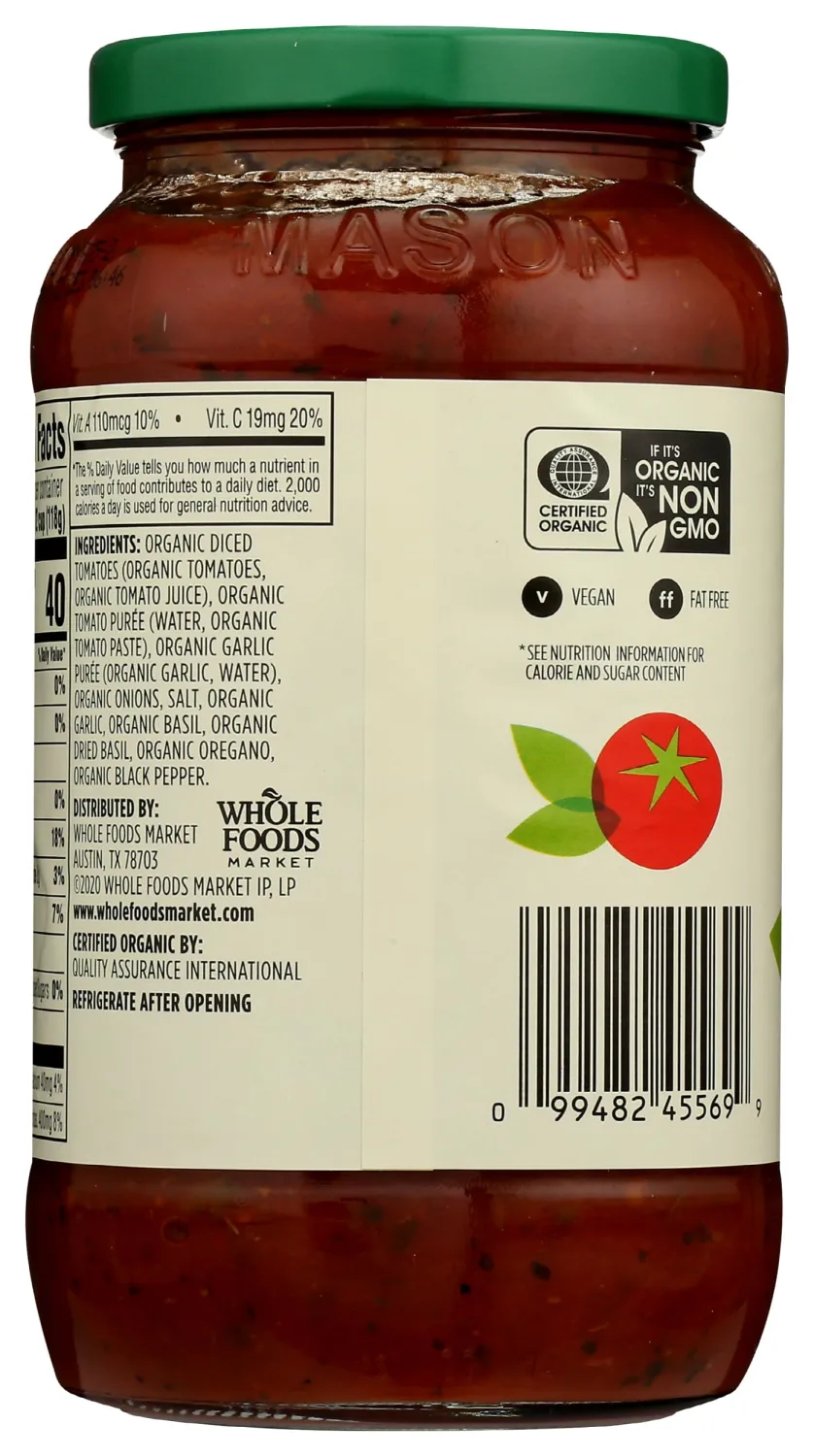 365 by Whole Foods Market, Organic Fat Free Marinara Pasta Sauce, 25 Ounce