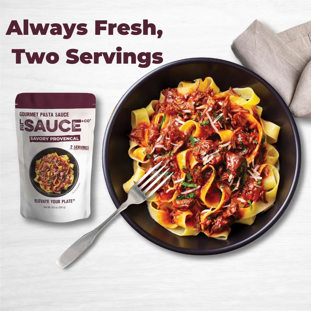 Always Fresh, Two Servings, Savory Provencal Gourmet Pasta Sauce (2-pack), Le Sauce & Co., Imported Italian San Marzano Tomatoes, Tomato Sauce, Spaghetti Bolognese, All Natural Spaghetti Meat Sauce