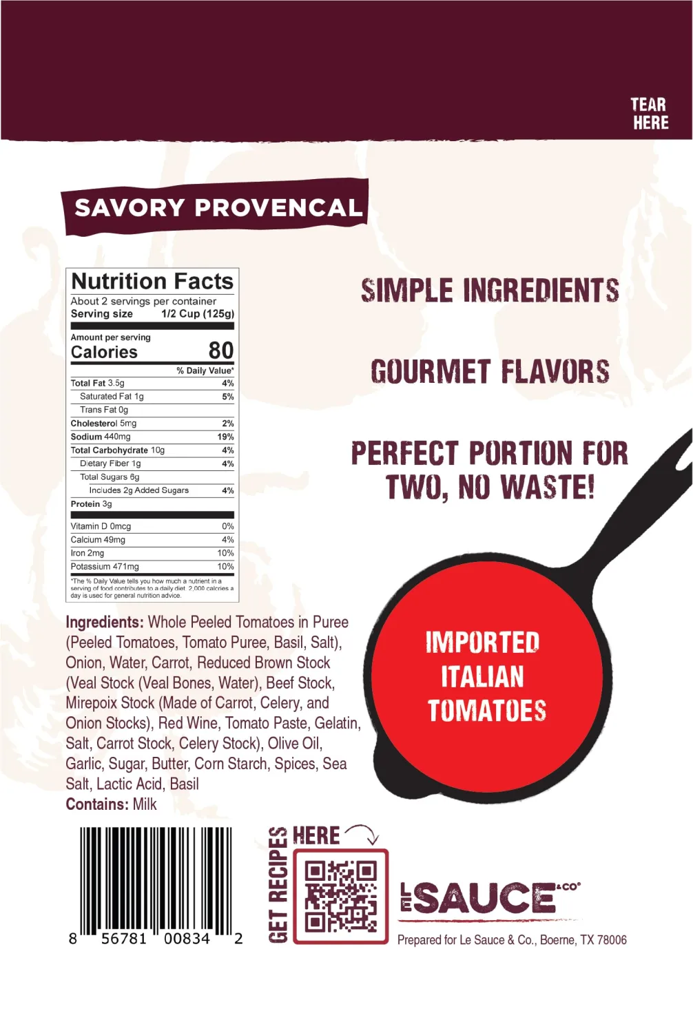 Always Fresh, Two Servings, Savory Provencal Gourmet Pasta Sauce (2-pack), Le Sauce & Co., Imported Italian San Marzano Tomatoes, Tomato Sauce, Spaghetti Bolognese, All Natural Spaghetti Meat Sauce