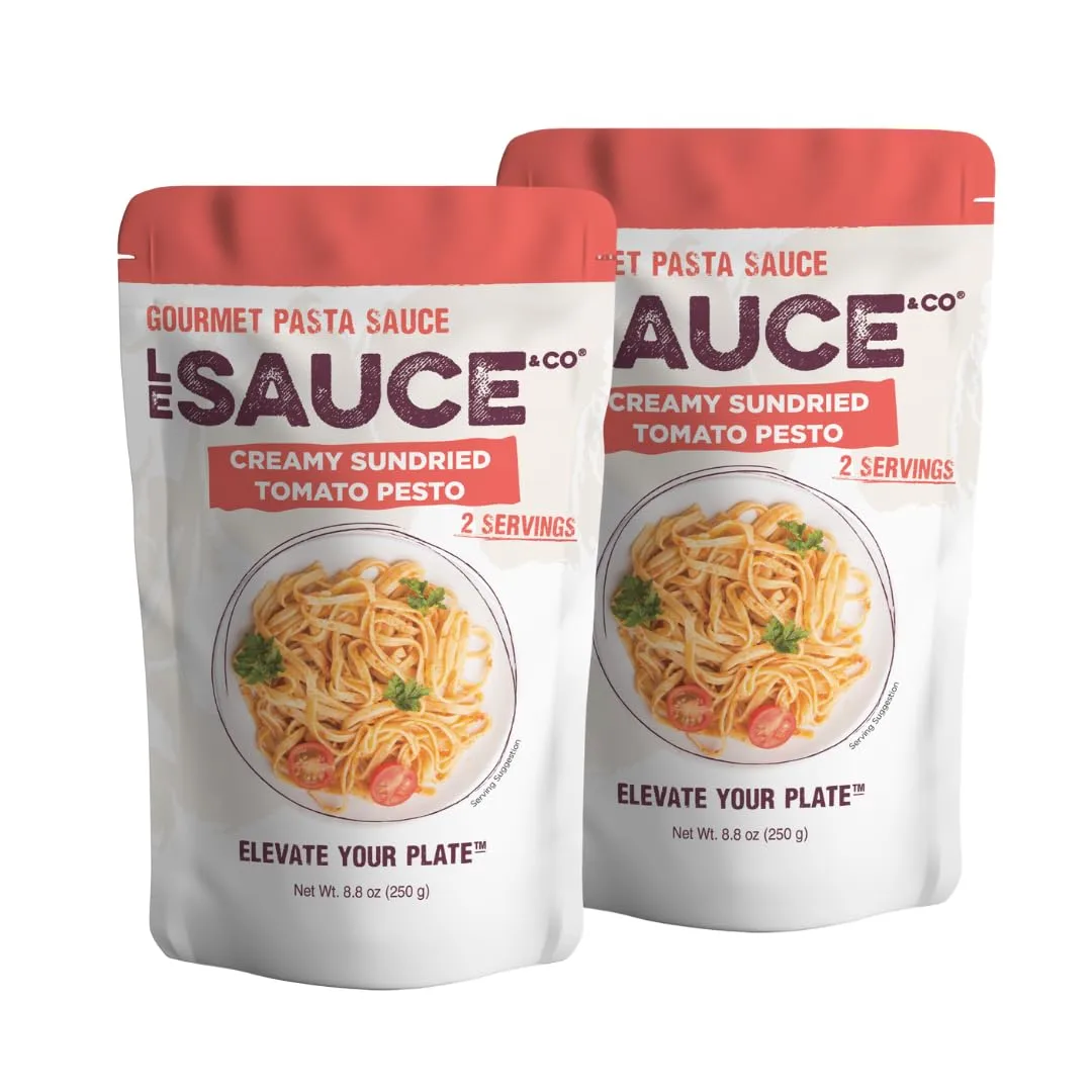 Always Fresh, Two Servings, Creamy Sun-Dried Tomato Pesto Gourmet Pasta Sauce (2-pack) Le Sauce & Co. Imported Italian San Marzano Tomatoes, Creamy Pasta Sauce, Penne Rosa, All Natural, Vodka Sauce
