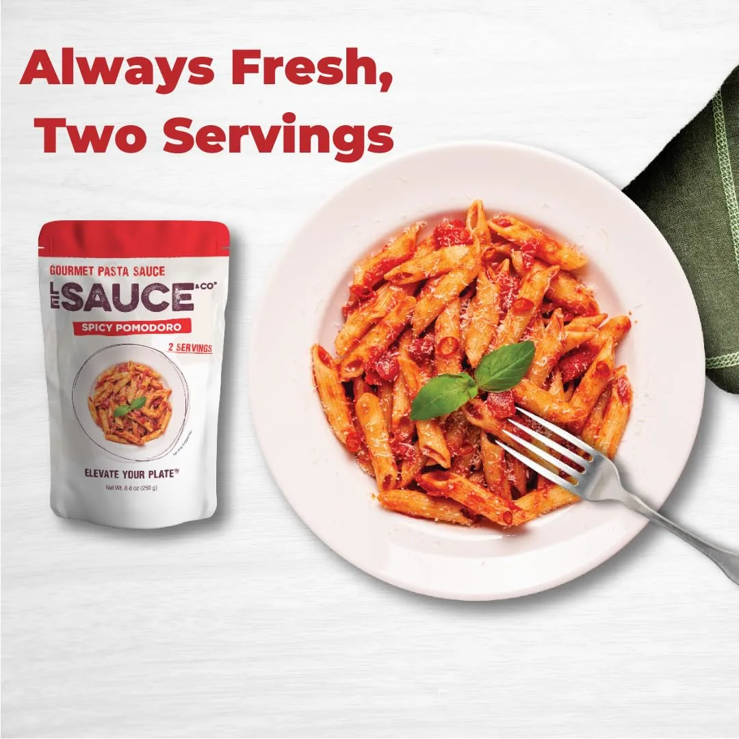 Always Fresh, Two Servings, Spicy Pomodoro Gourmet Pasta Sauce (2-pack), Le Sauce & Co. Imported Italian San Marzano Tomatoes, Tomato Sauce, Spicy Pasta Sauce, Calabrian Peppers, All Natural