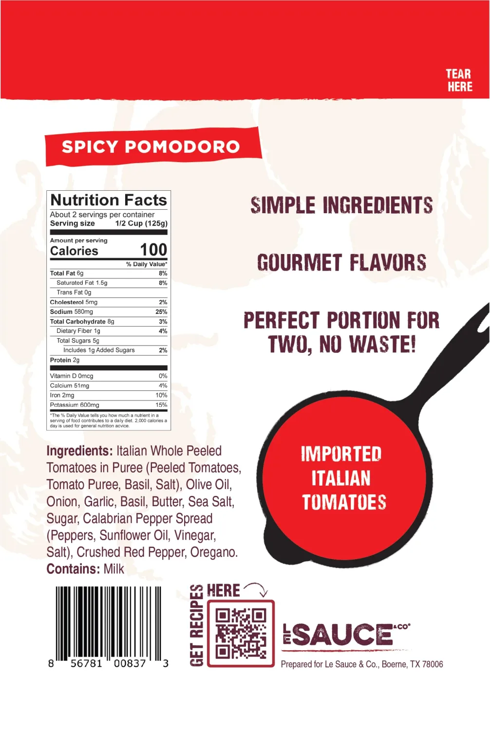 Always Fresh, Two Servings, Spicy Pomodoro Gourmet Pasta Sauce (2-pack), Le Sauce & Co. Imported Italian San Marzano Tomatoes, Tomato Sauce, Spicy Pasta Sauce, Calabrian Peppers, All Natural