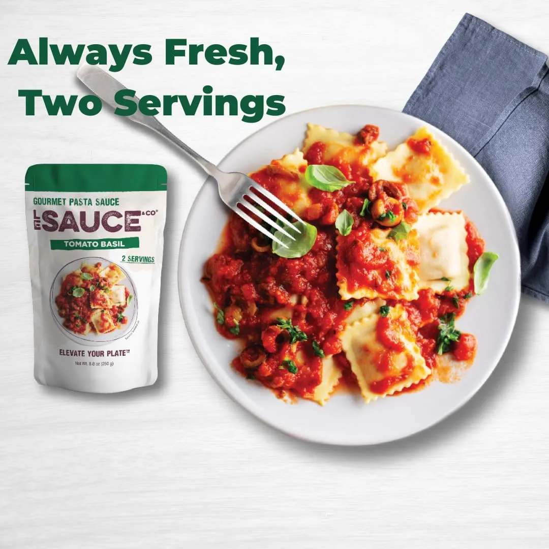 Always Fresh, Two Servings, Tomato Basil Gourmet Pasta Sauce (2-pack), Le Sauce & Co. Imported Italian San Marzano Tomatoes, Tomato Sauce, All Natural, Low Sugar, Fresh Basil, Light Tomato Sauce
