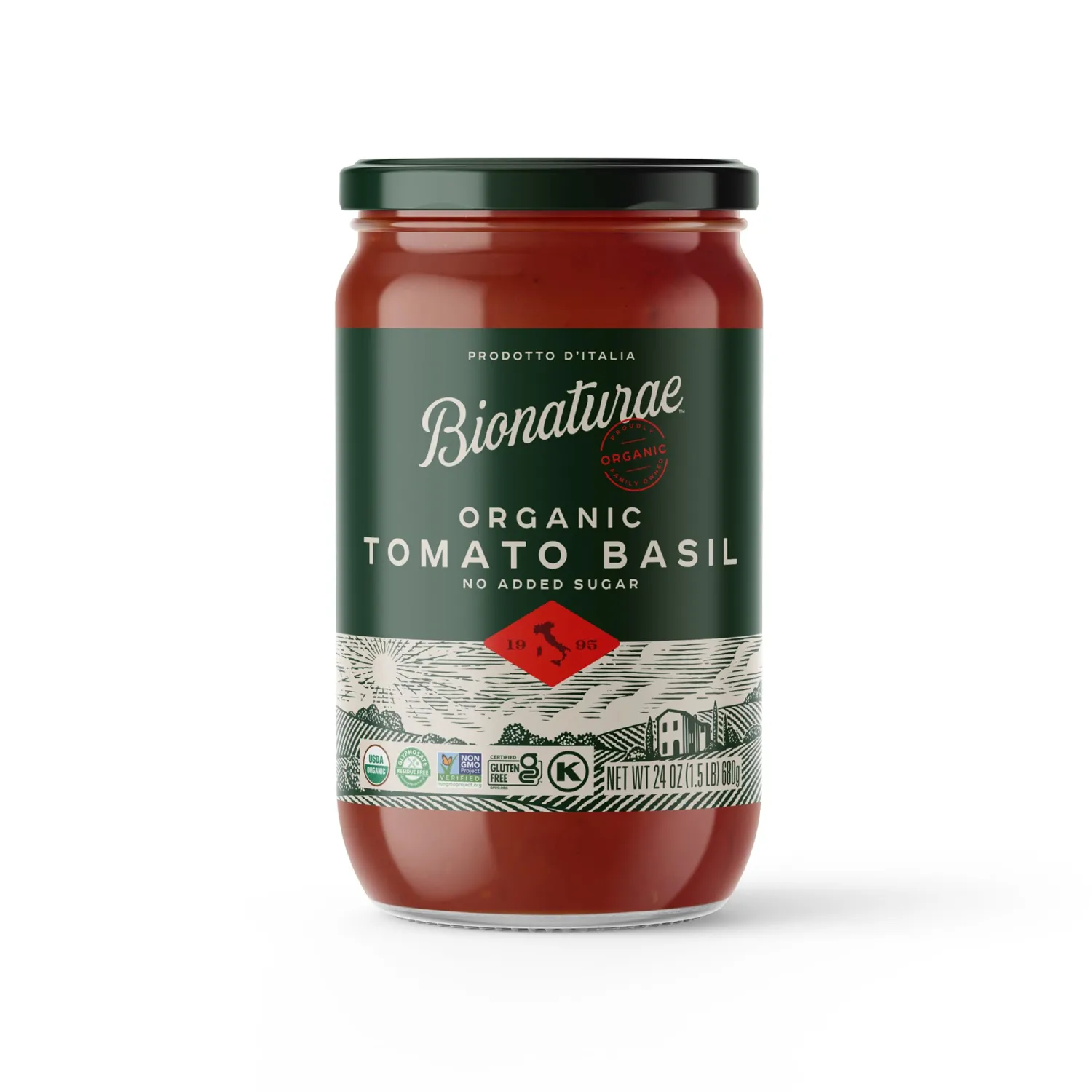 Bionaturae Organic Tomato Basil Pasta Sauce - Gluten Free Sauce for Spaghetti, Pizza, & Lasagna, Non GMO, No Added Sugar, Kosher, Glyphosate Free, Made in Italy, Tastes like Homemade - 24 oz Jar