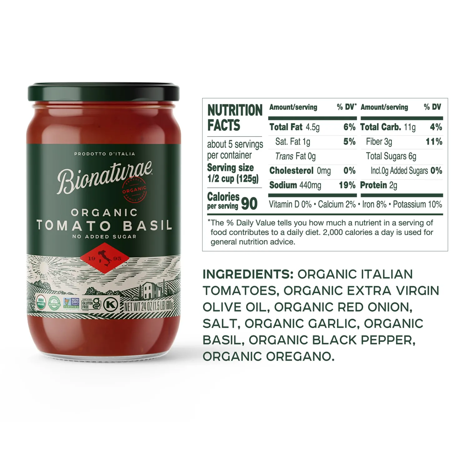 Bionaturae Organic Tomato Basil Pasta Sauce - Gluten Free Sauce for Spaghetti, Pizza, & Lasagna, Non GMO, No Added Sugar, Kosher, Glyphosate Free, Made in Italy, Tastes like Homemade - 24 oz Jar