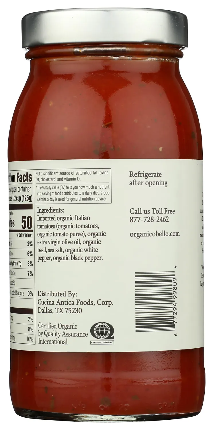 ORGANICO BELLO Organic Delicate Recipe Pasta Sauce, 25 OZ