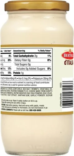 Bertolli d'Italia Alfredo Sauce, Authentic Tuscan Style Pasta Sauce Made in Italy with Fresh Cream and Aged Italian Cheeses, 16.9 OZ