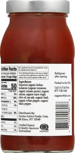 Organico Bello Organic Pasta Sauce Tomato Basil - 25 oz