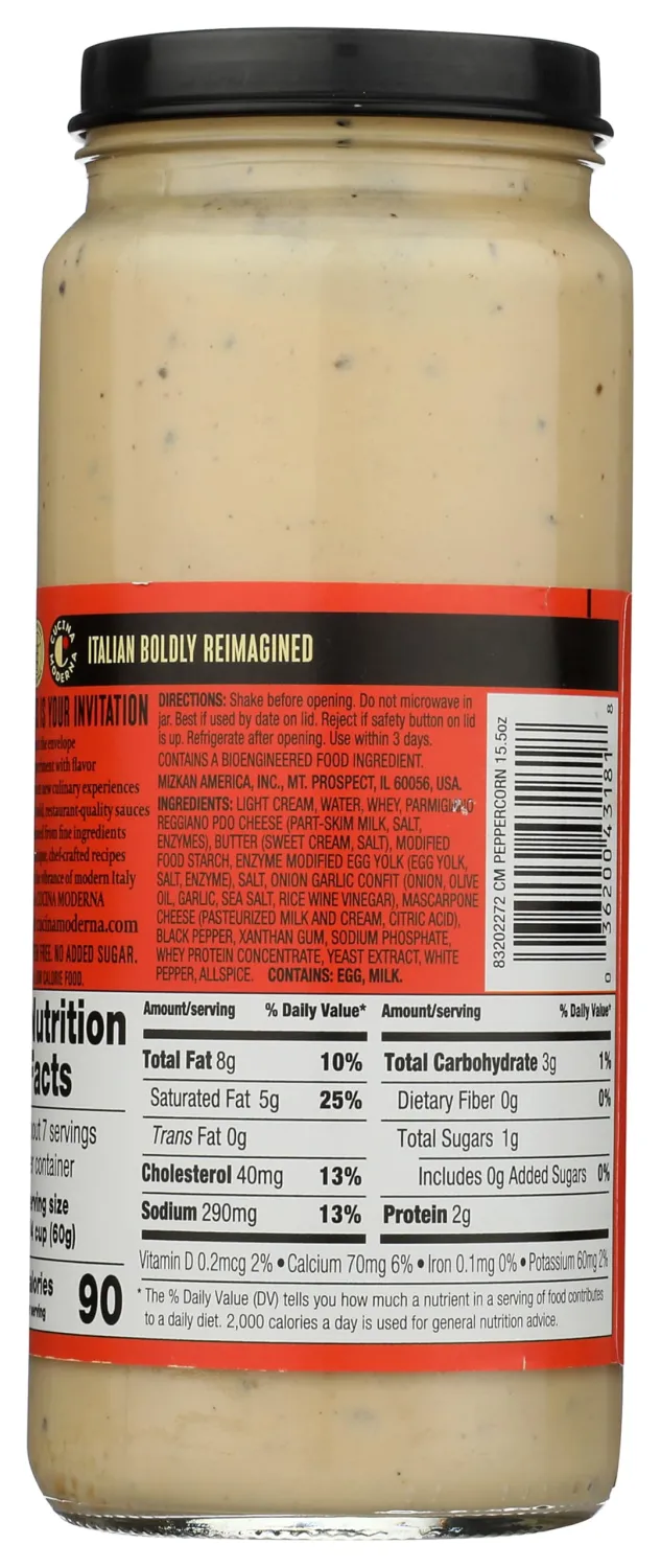 Cucina Moderna Peppercorn Cream Sauce, Luscious and Zesty Pasta Sauce, Made with Real Cheese, 15.5 OZ