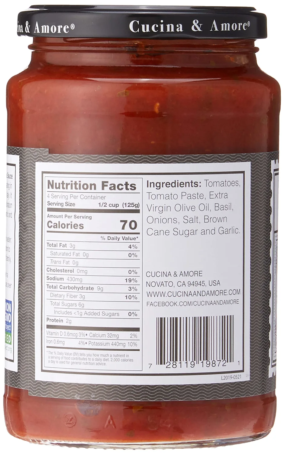 Cucina & Amore Italian Pasta Sauce Basilico Tomato, Basil & Garlic -- 16.8 oz