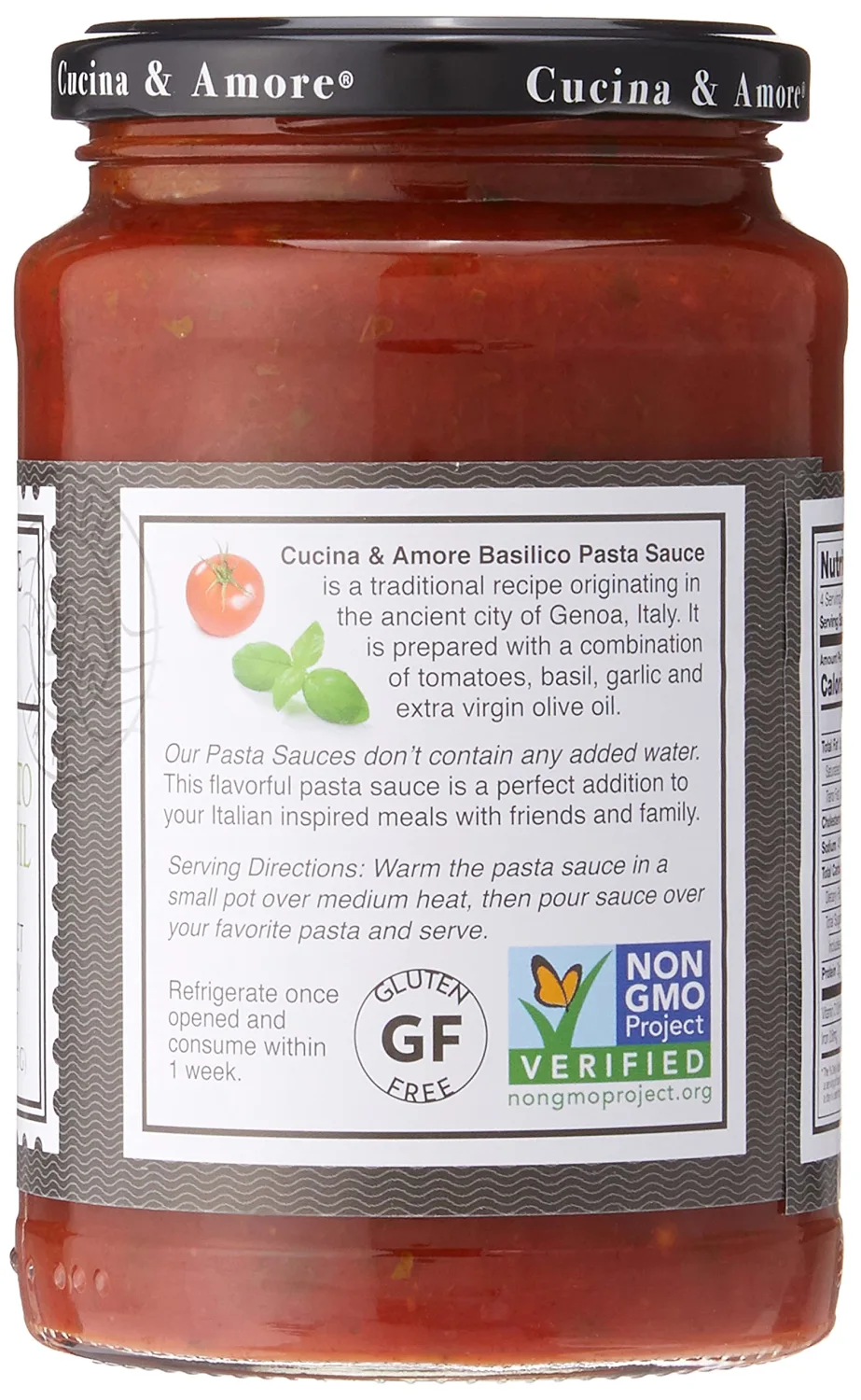 Cucina & Amore Italian Pasta Sauce Basilico Tomato, Basil & Garlic -- 16.8 oz