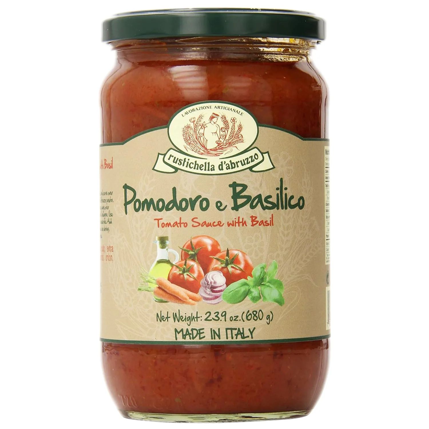 Rustichella d'Abruzzo Tomato & Basil Sauce | Authentic Italian Tomato Sauce with Fresh Basil & Olive Oil | Vegan | Perfect for Pasta, Pizza, Spaghetti & Marinara (23.9 oz / 680 g)