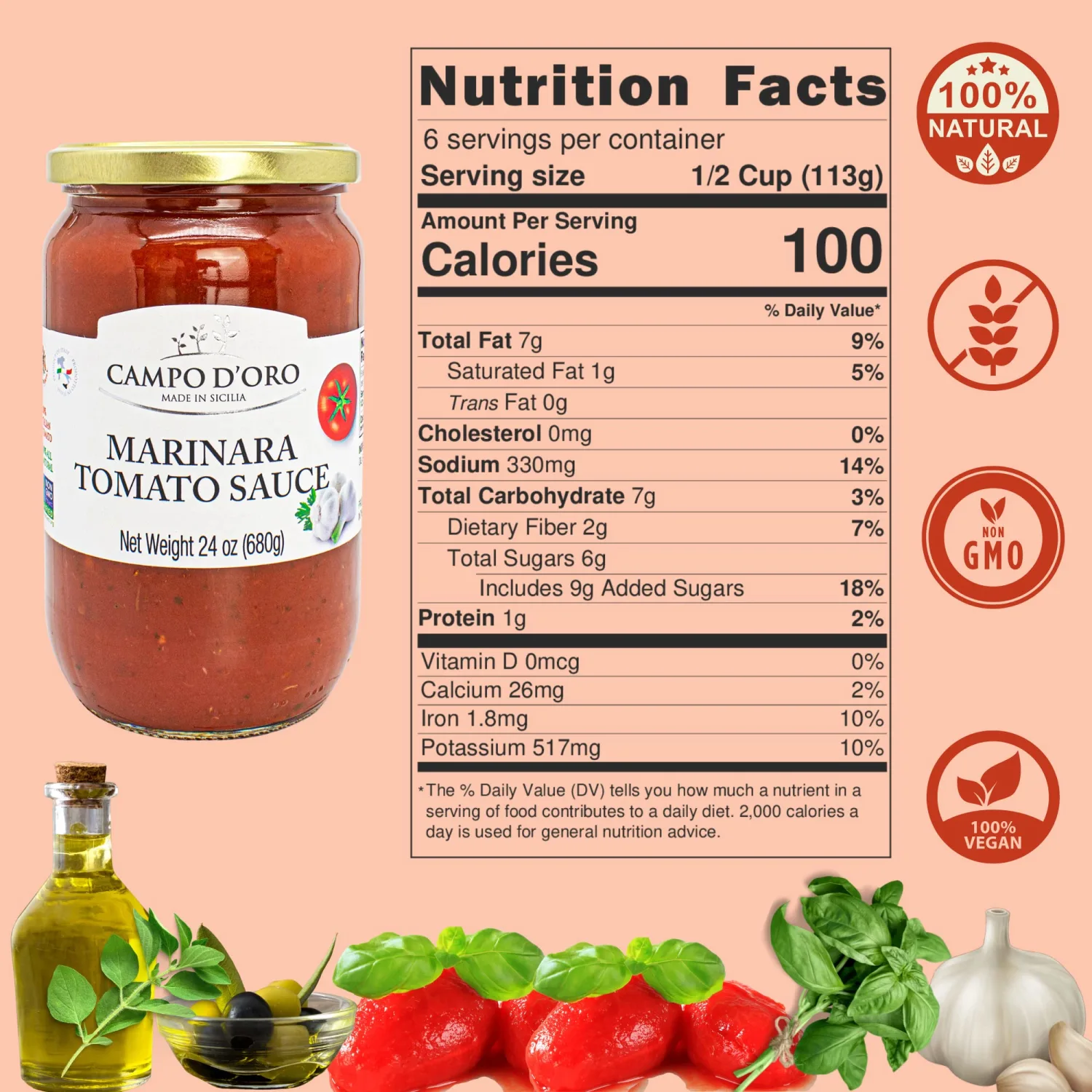 CAMPO D'ORO - Marinara Tomato Sauce, Glass Jar 24oz, Italian Pasta Sauce, Ready Meal, Made with garlic and herbs