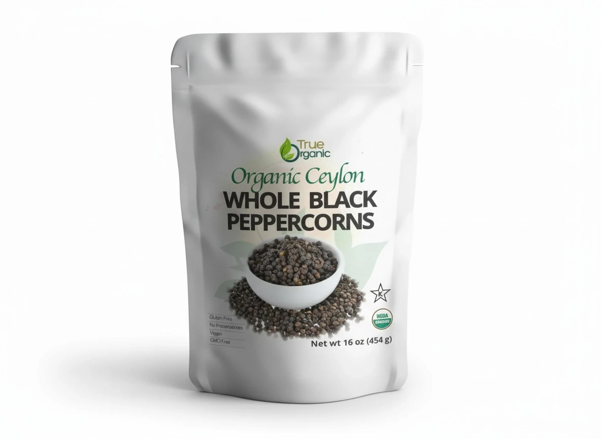 True Organic Ceylon Black Peppercorns Whole 16 Oz - USDA & Kosher Certified, Gluten-Free & Non-GMO Peppercorns, Pure Ceylon Premium Quality & Perfect for Grinder Refill [ Bulk, 1 lb ]