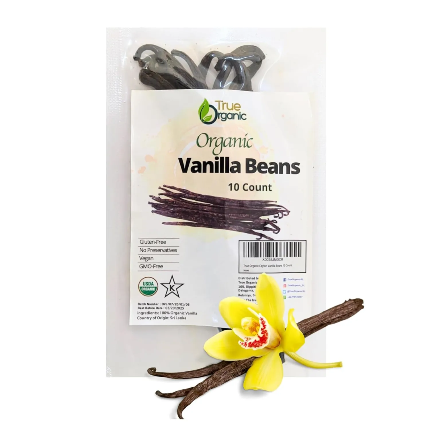 True Organic Vanilla Beans Whole, 10 Count, Premium Quality Extract Exclusive, Gluten Free, USDA & Kosher Certified, Non-GMO Whole Vanilla Beans for Baking