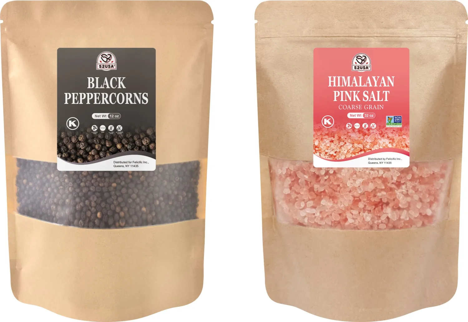 52USA Whole Black Peppercorns 12 oz + Himalayan Pink Salt (Coarse Grain) 2 lb - Salt and Pepper Grinder, Black Peppercorn Refil, Pink Himalayan Sea Salt, 2 Piece Set