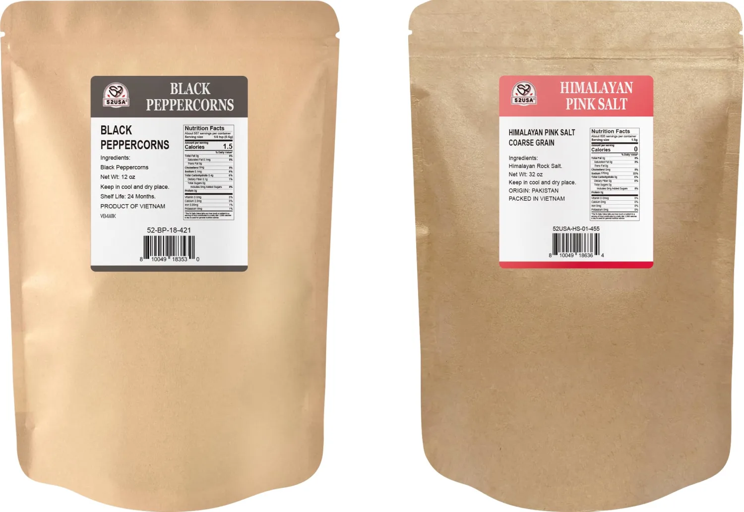 52USA Whole Black Peppercorns 12 oz + Himalayan Pink Salt (Coarse Grain) 2 lb - Salt and Pepper Grinder, Black Peppercorn Refil, Pink Himalayan Sea Salt, 2 Piece Set