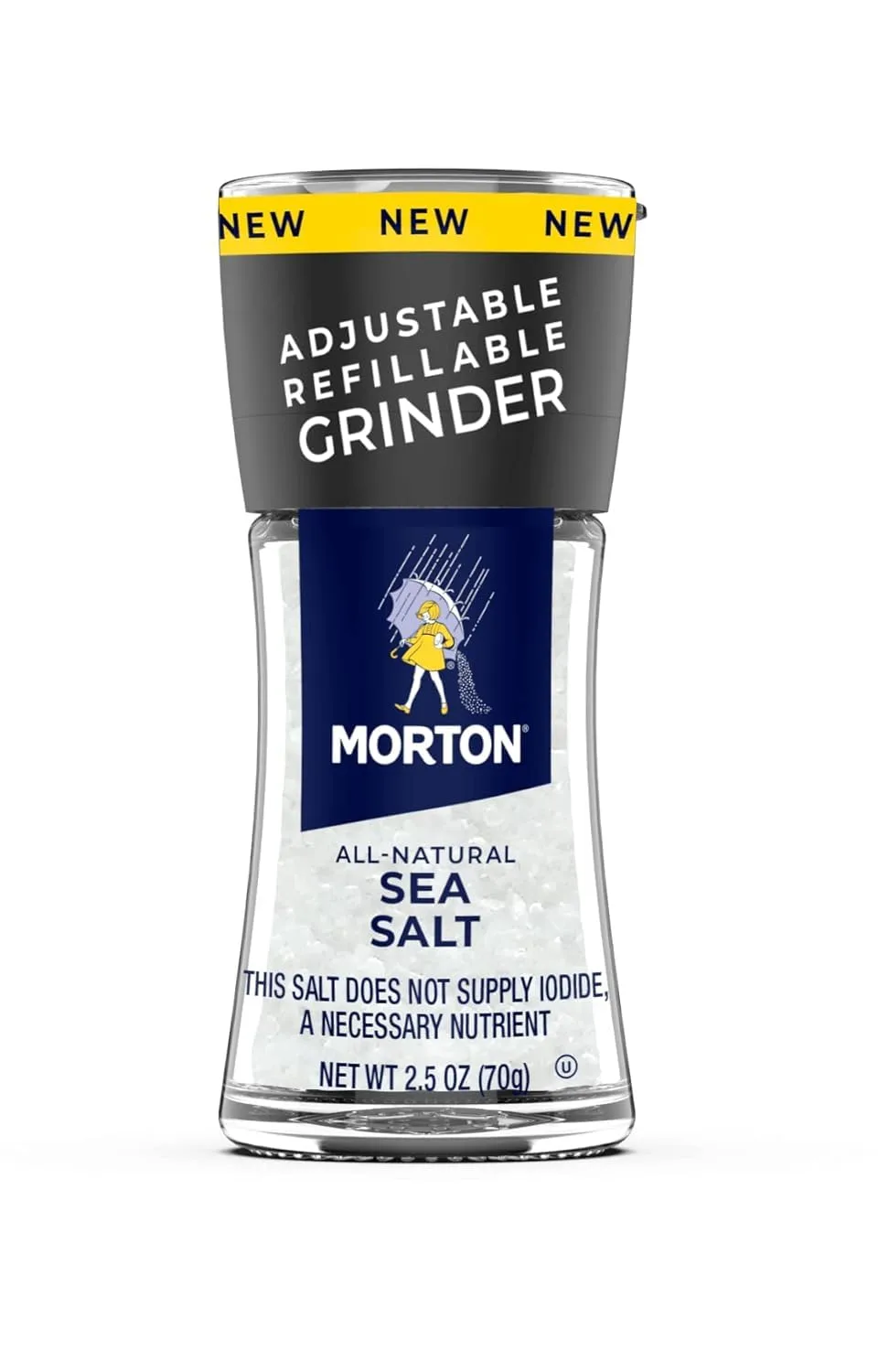 Morton Sea Salt, Grinder, All-Natural, Adjustable & Refillable, Ideal for Cooking, Seasoning, and Finishing, (2.5 oz)