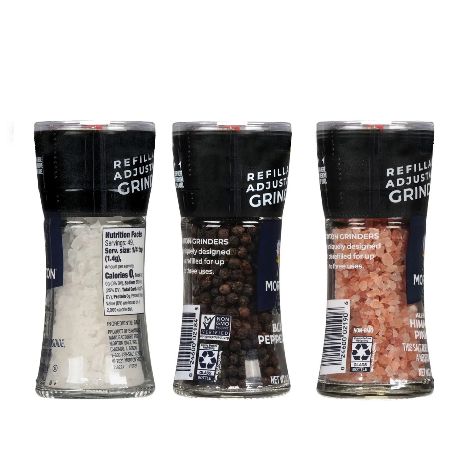 Morton Grinder Set - Himalayan Pink Salt (2.5 oz), Sea Salt (2.5 oz) & Black Peppercorn (1.2 oz), Adjustable & Refillable Grinders, Ideal for Cooking, Seasoning, and Finishing, 3-Pack