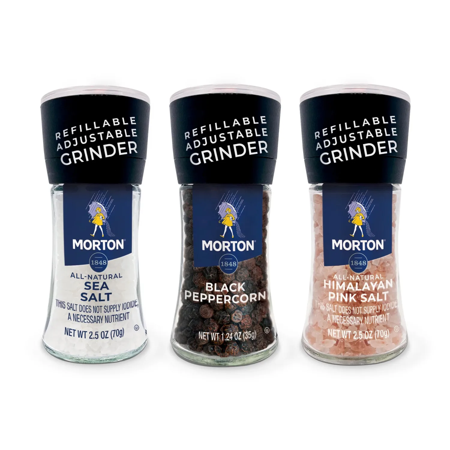 Morton Grinder Set - Himalayan Pink Salt (2.5 oz), Sea Salt (2.5 oz) & Black Peppercorn (1.2 oz), Adjustable & Refillable Grinders, Ideal for Cooking, Seasoning, and Finishing, 3-Pack