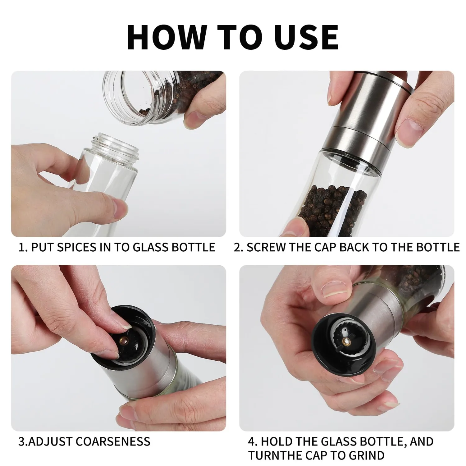 Original Stainless Steel Pepper Grinder or Salt Mill 1pk - Coarseness Adjustable Sea Salt Grinder or Pepper Mill Grinder - Small Manual Salt Pepper Shakers with Glass Container