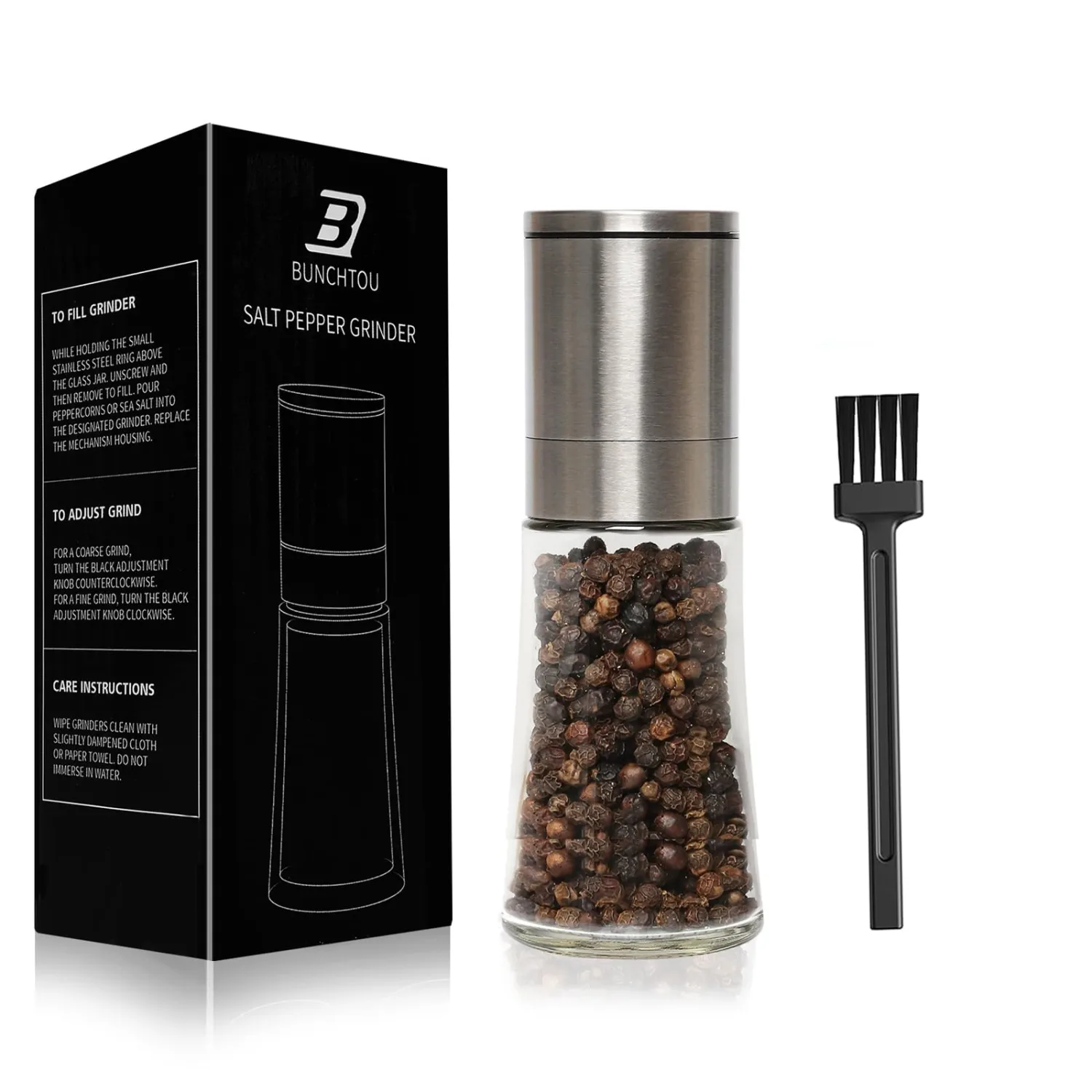 Original Stainless Steel Pepper Grinder or Salt Mill 1pk - Coarseness Adjustable Sea Salt Grinder or Pepper Mill Grinder - Small Manual Salt Pepper Shakers with Glass Container