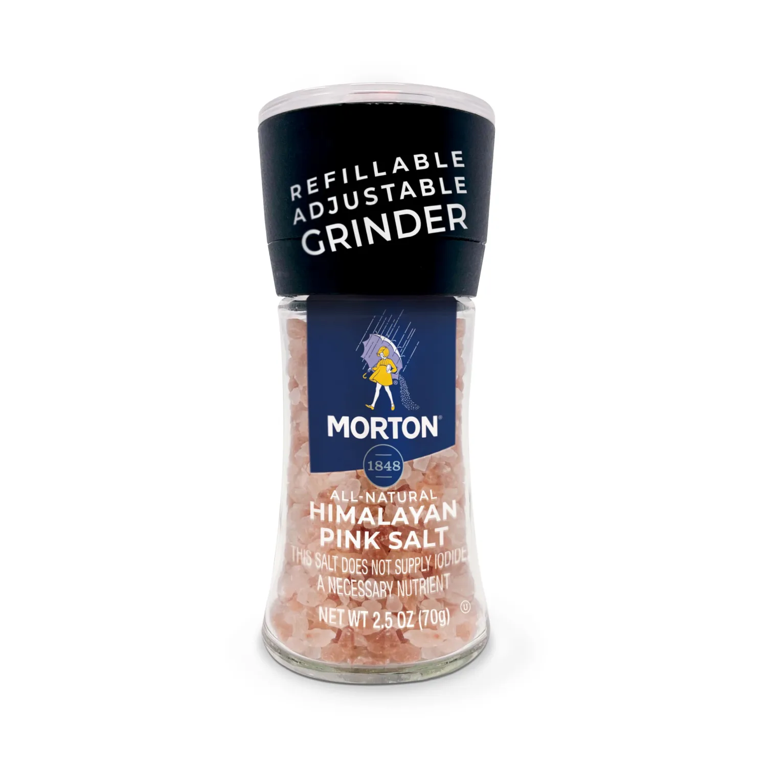 Morton Himalayan Pink Salt, Grinder, Refillable & Adjustable, All-Natural, Ideal for Cooking, Seasoning, and Finishing, (2.5 oz)