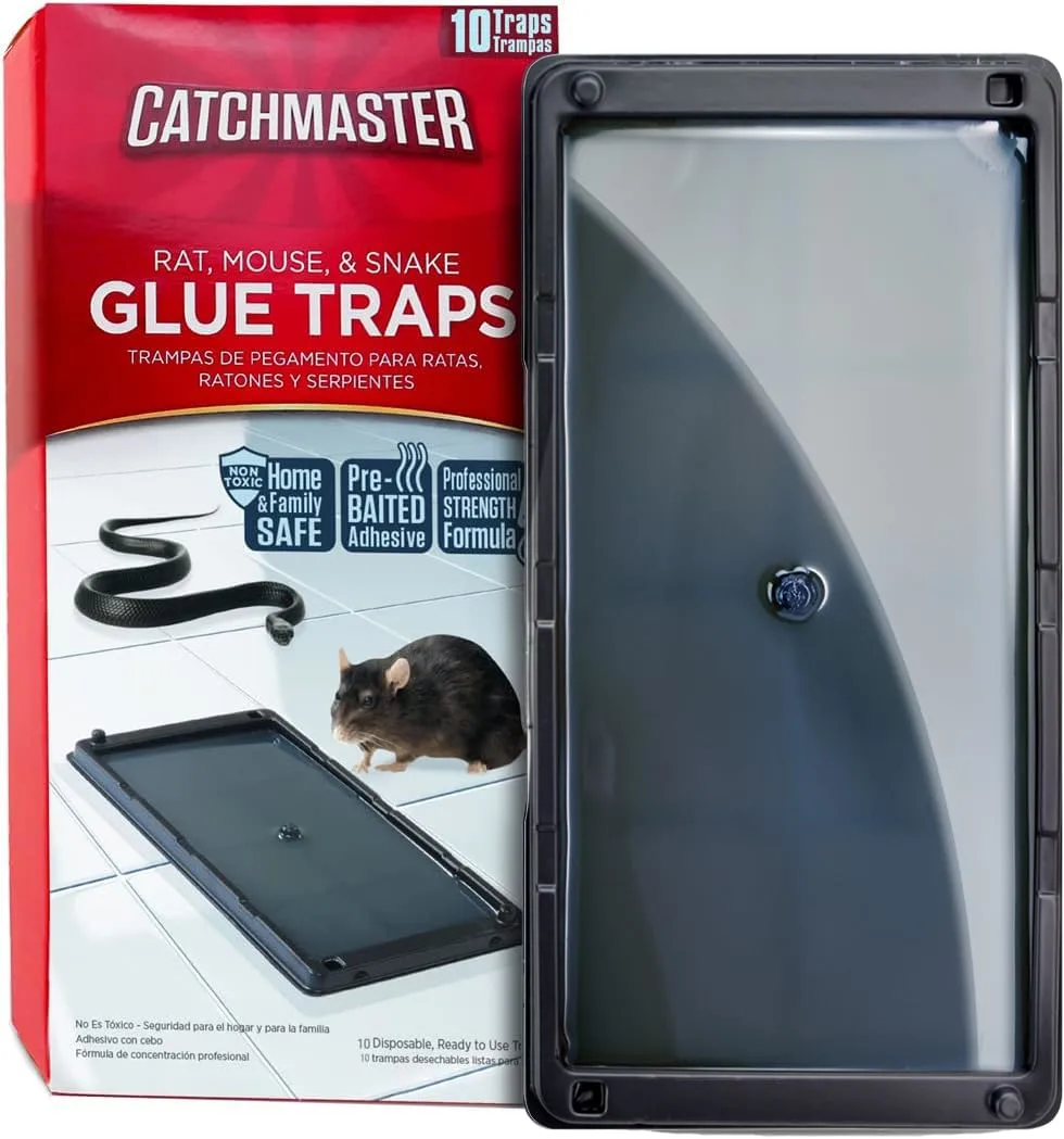Catchmaster Rat, Snake and Mouse Traps 10Pk, Large Bulk Glue Rat Traps for Home, Pre-Scented Adhesive Plastic Tray for Inside House, Snake, Mice, & Spider Catcher, Pet Safe Pest Control